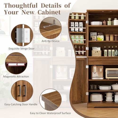 Shintenchi Kitchen Pantry Cabinet, Farmhouse Tall Cupboard, Rustic Brown