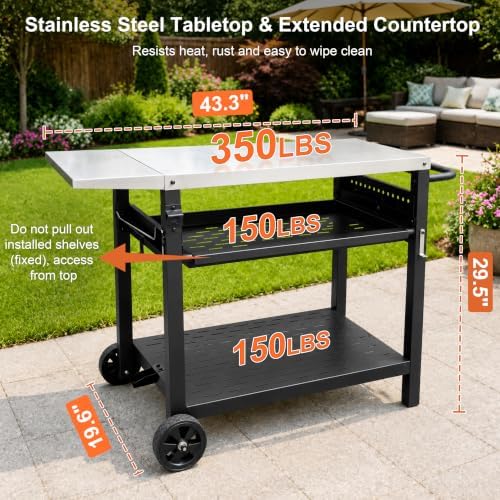 Outdoor Grill Cart for Blackstone/Ooni/Ninja, 43.3"x20" Stainless Steel Outdoor Grill Table with Propane Tank Mount & Wheels, Movable Outdoor Cooking Table with Storage for Pizza Oven, Patio, Camping