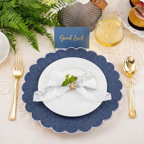 Set of 24 Navy Blue Cotton Placemats 15" Round Scalloped White