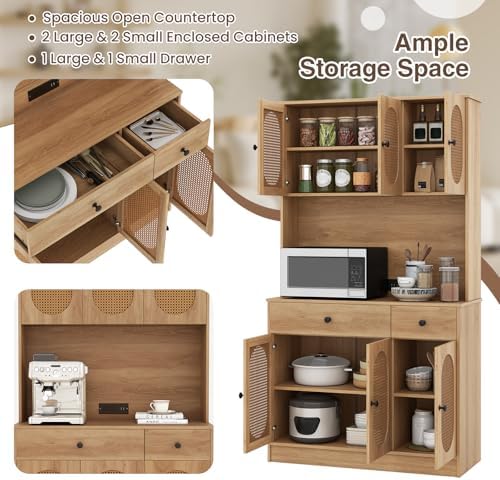 Giantex Kitchen Hutch, 71" Tall Boho Pantry Cabinet w/Charging Station, Microwave Countertop, 6 PE Rattan Door, 2 Drawer, 4 Adjustable Shelf, Freestanding Buffet Sideboard for Dining Room (Natural)