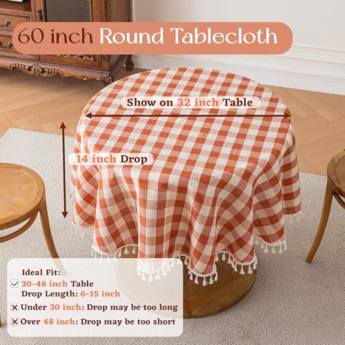 Alsoo Round Fall Gingham Tablecloth 60 inch, Orange Cotton Linen Style