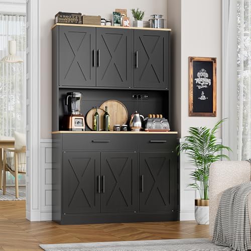 Shintenchi Pantry Cabinet with Charging Station, 70” Tall Kitchen Storage Cabinet with Microwave Stand, Storage Drawers & Adjustable Shelves, Large Capacity Kitchen Hutch for Dining Room, Black
