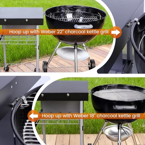 2-in-1 Grill Cart & Prep Table with Storage Shelves for Weber 22" & 18" Kettle Grills, Small Hook-On Grill Side Table, Grill Stand for Blackstone 17" Griddle for Ninja Woodfire Pitboss 150 Series