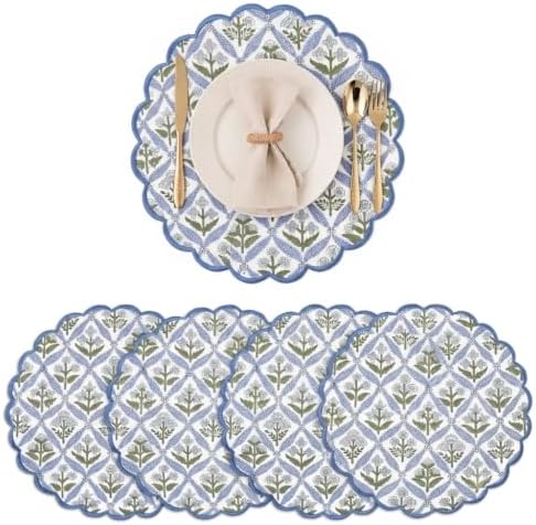 Ridhi Floral Block Print Round Placemats 15 in, Set of 4, Light Steel Blue