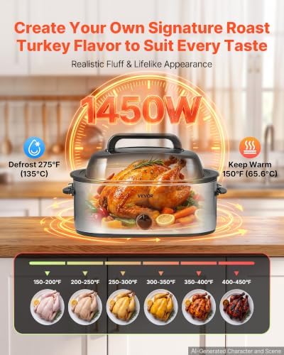 VEVOR Electric Roaster Oven, 22 Qt 1450W, Turkey Roasting Pan, Viewing Lid