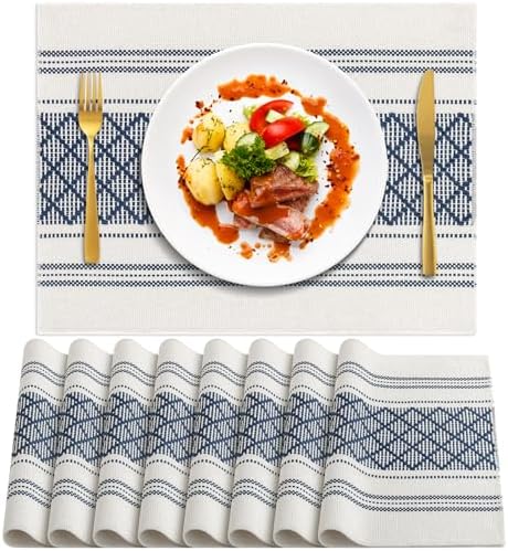 ADRIMER Placemats Set of 8, Boho Table Mats Cotton Blend, Durable Cloth Table Placemats Machine Washable, Rustic Place Mats for Dining Kitchen Table, 14 x 18 Inch, Blue