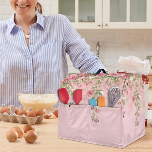 Butterfly with Rose Mixer Cover Compatible with 4-8 Qt Kitchen Aid Mixer Covers Anti-Stain Kitchen Appliance Dust Cover with Handle Pockets