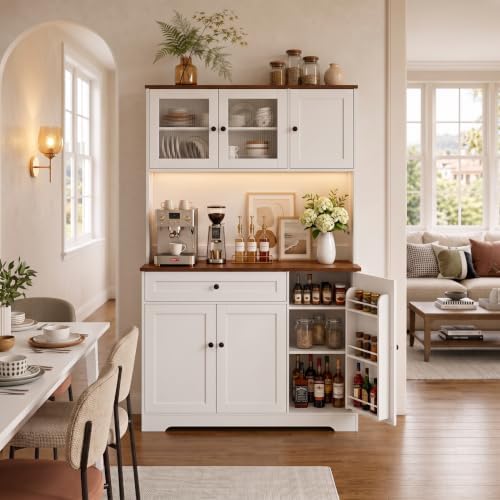 Tall Kitchen Pantry Cabinet with Countertop, 39.4" W Kitchen Hutch with Storage, Farmhouse Kitchen Cabinet Coffee Bar Cabinet with Power Outlets, Drawer, Door Racks, Adjustable Shelves, RGB LED Lights