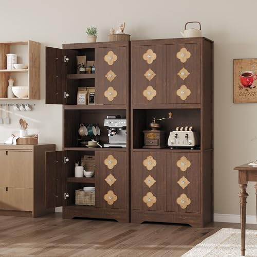 Garvee 72" Tall Pantry Cabinet, Kitchen Hutch Storage Cabinet with Countertop for Microwave, Freestanding Wooden Cupboard with Carved Door & Crystal Handle, for Dining Room, Living Room, Reddish Brown