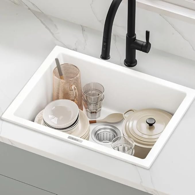 KRAUS Quarza 24-inch Kitchen Sink Drop-In/Undermount Single Bowl Granite Kitchen Sink Black Onyx, KGD-410B