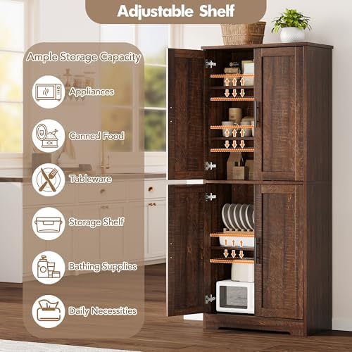Takywep Modern Tall Freestanding Pantry Cabinet 70", Storage Cupboard with 4 Doors, Adjustable Shelves & Open Shelf, Multipurpose Home Organizer for Living Room, Kitchen, Dining Room, Brownish Red