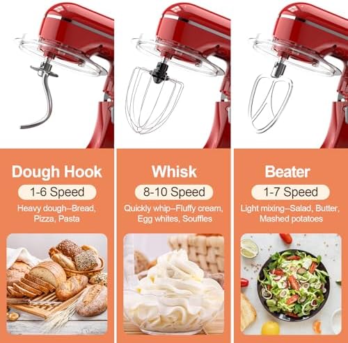 CEBORY 3-IN-1 Electric Stand Mixer, 6.5QT Bowl 660W 10-Speed Kitchen Mixer, Household Food Mixers include Dough Hook, Beater and Whisk, Bread Cake Mixer for Baking and Most Home Cooks, Red