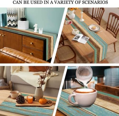 Mcalk Farmhouse Table Runner and Placemats Set of 6, Teal and Brown Wooden Texture Rectangle Cloth Place Mats Indoor, Washable Linen Material for Living Table