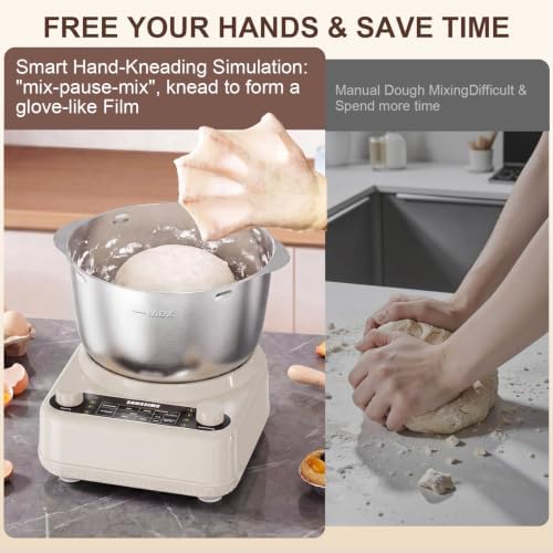 Electric Dough Maker with Ferment Function, 6.5QT Stand Dough Mixer, Dough Kneading Machine with 304 Stainless Steel Bowl, Removable Lid & Knob Control, Ideal for Bread, Pizza, Pasta - Almond Cream