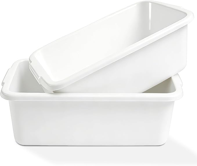 2 Pack Plastic Dish Pans, 12 Quarts White Rectangle Dishpan Basins, Large Capacity Wash Basin Tub with Handles for Kitchen Sink, Bathroom Washing, Soaking and Storage Supplies
