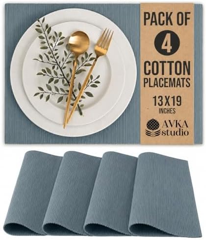 100% Cotton Ribbed Placemats - Set of 4-13 x 19 Inches - Grey - Everyday Cloth Table Mats - Thick Construction, Washable & Reusable Cloth Place Mats - by AVKA Studio