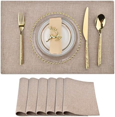 SLKQG Faux Linen Placemats Set of 6, Heat Resistant Washable Double Layer Cloth Place Mats for Dining Table, Wrinkle Resistant Linen Textured Farmhouse Kitchen Decor (6, Natural Linen)