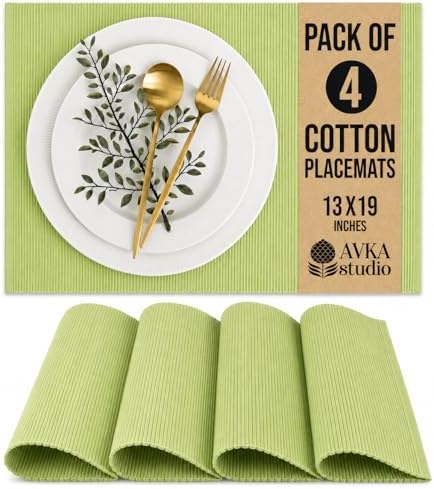 100% Cotton Ribbed Placemats - Set of 4-13 x 19 Inches - Light Lime Green - Everyday Cloth Table Mats - Thick Construction, Washable Reusable Cloth Place Mat - by AVKA Studio