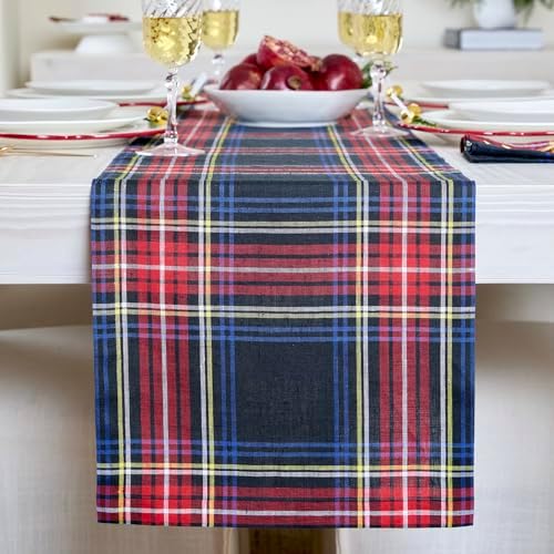 Solino Home 100% Pure Linen Table Runner Black, Stewart Plaid 14 x 108 in