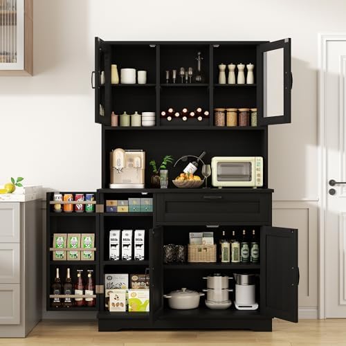 Shintenchi 68" Kitchen Pantry Storage Cabinet, with Microwave Stand, Black