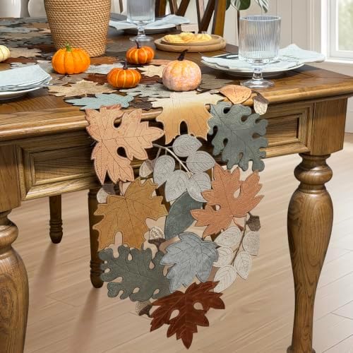 KEVA Fall Table Runner 36inches Long, Autumn Maple Leaves Velvet Table Runner 14x36 inch for Thanksgiving Kitchen Table Decoration, Harvest Embroidered Table Decoration