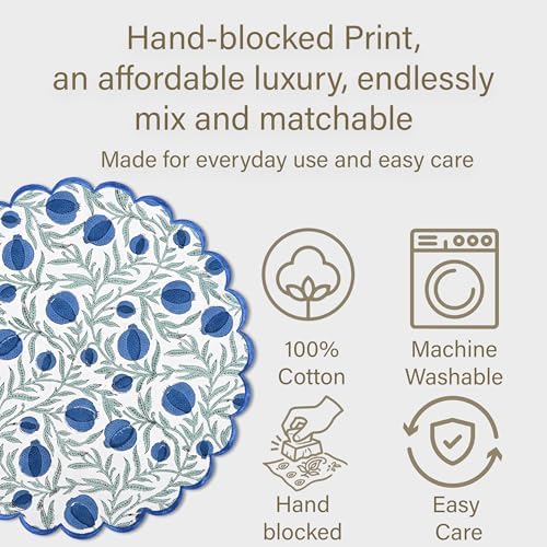Ridhi Floral Block Print Round Placemats 15 Inch, Set of 4, Queen Blue