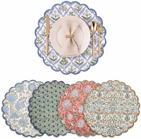 Ridhi Floral Block Print Round Placemats 15 Inch, Set of 4, Assorted Design