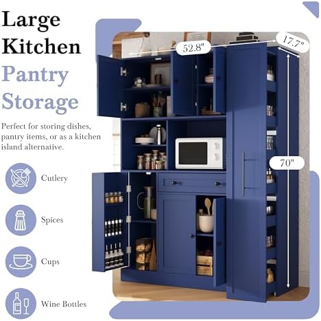 Merax 70'' Tall Traditional Freestanding Buffet with Hutch, Large Kitchen Pantry Storage Cabinet Cupboard with Pull-Out Side Cabinet, Door Shelves and Drawer, Blue