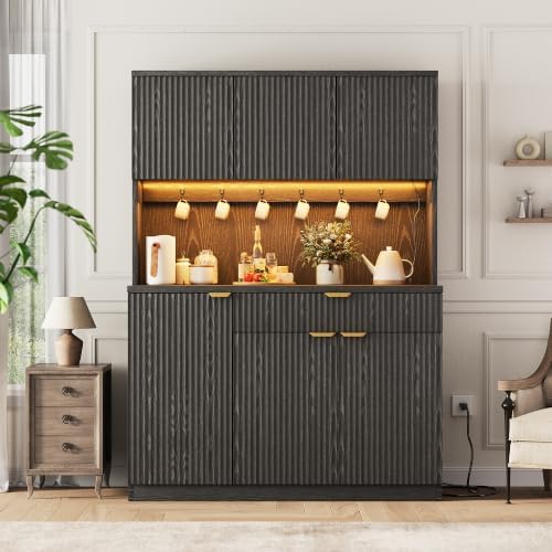 Jocoevol Fluted Kitchen Pantry Storage Cabinet with Charging Station & LED Lights,71" Tall Kitchen Hutch with Microwave Stand, Adjustable Shelves,Storage Doors (Black, 41 * 71 * 15.7)