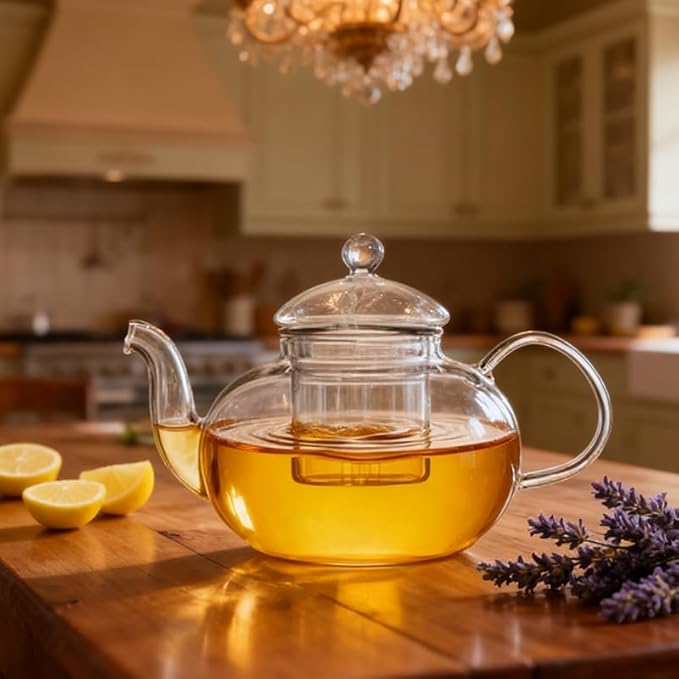 1000ml(33.8oz) Borosilicate Glass Teapot with Removable Glass Infuser, Stovetop Safe Large Tea Kettle for Blooming and Loose Leaf Tea