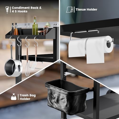NUUK 3-Shelf Grill Cart for Outdoor with Stainless Steel Top – 20" x 32" Movable Pizza Oven Stand with Wheels Kitchen Prep Table BBQ Cart Worktable