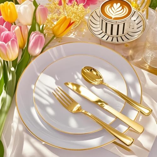 Festiva 175PCS White and Gold Plastic Plates - White with Gold Rim Fall Dinnerware Set - 25Guest include Plates Cups Cutlery Napkins for Birthday Party&Wedding& Thanksgiving