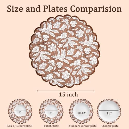 Ridhi Floral Block Print Round Placemats 15 Inch, Set of 4, Oak Brown