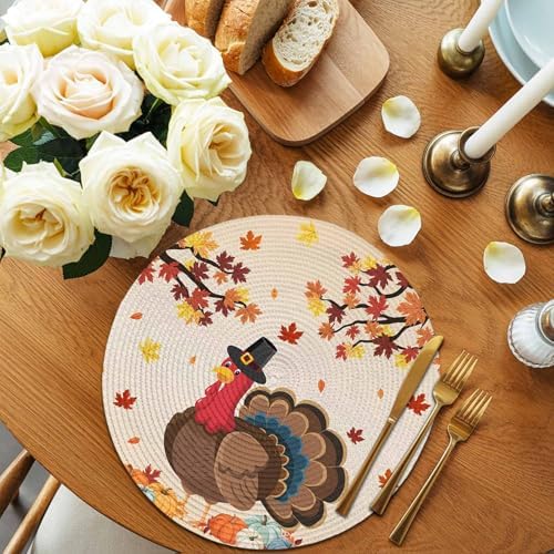 Fall Round Placemats Set of 4 Thanksgiving Harvest Pumpkin Turkey Place Mats Washable Woven Placemat Orange Maple Leaves Circle Braided Table Mat for Kitchen Dining Holiday Party Fall Decor 15 Inch