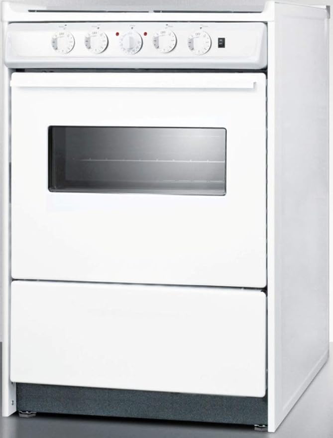 Summit WEM610RW 24"" Slide-In Electric Range with 4 Elements Waist High Broil Oven Racks Chrome Drip Pans Indicator Lights and Push-To-Turn Burner Knobs in White