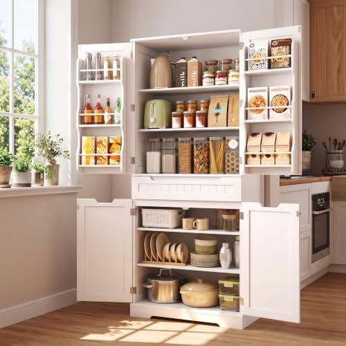 Gizoon Tall Kitchen Pantry Cabinet with Doors and Adjustable Shelves, White