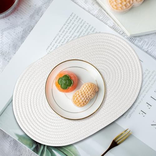Oval Woven Placemats Set of 8 Heat Resistant Placemats 17 x 12 Inches Farmhouse Cotton Rope Place Mats for Dining Tables Trivets for Hot Dishes, White