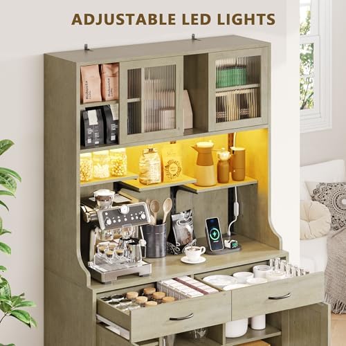 Einhomn 71" Kitchen Pantry Cabinet with UL Charging Station, 3 Adjustable Shelves, App-Dimmable LED Light, Wine Rack, Farmhouse Style, Buffet Cabinet for Kitchen/Dining/Living, Natural Wood