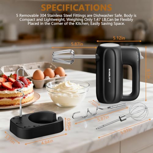 BAIGELONG Hand Electric Mixer, 5-Speed KitchenMixer with 5 * 304 Stainless Steel Attachments + Storage Base, 200W Portable Food Handheld Mixer for Baking, Whipping Cream, Cake Mixing, Gray/Black
