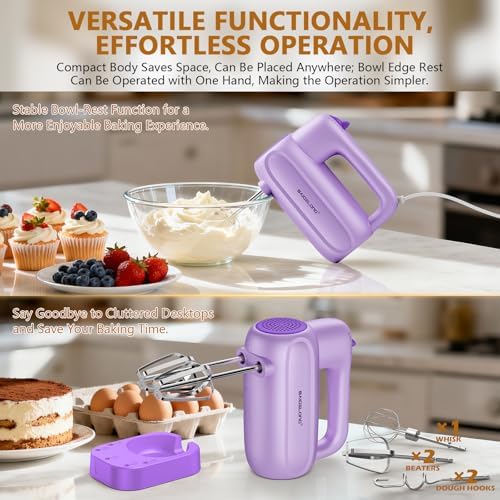 BAIGELONG Hand Electric Mixer, 5-Speed KitchenMixer with 5 * 304 Stainless Steel Attachments + Storage Base, Food Handheld Mixer for Baking, Whipping Cream, Cake Mixing, Purple