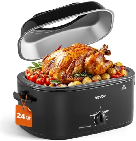 VEVOR Electric Roaster Oven, 24 Qt, Turkey Roasting Pan, Black, Viewing Lid