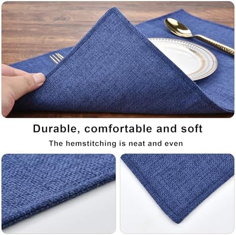 SLKQG Blue Faux Linen Placemats Set of 6, Heat Resistant Washable Double Layer Cloth Place Mats for Dining Table, Wrinkle Resistant Linen Textured Farmhouse Kitchen Decor (6, Navy Blue)