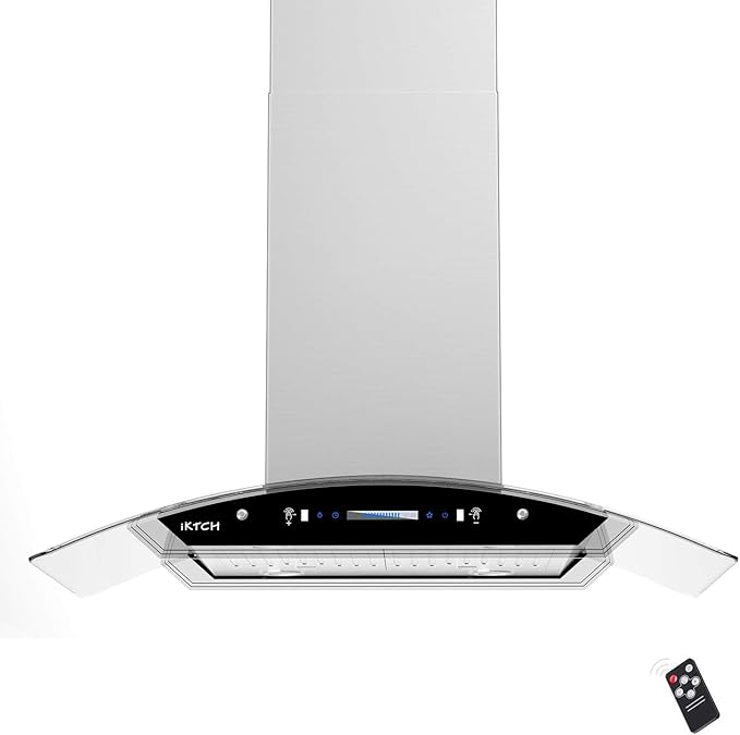 IKTCH 36 Inch Island Mount Range Hood, 900 CFM Ducted, Stainless Steel & Tempered Glass, Gesture Sensing & Touch Control, 4-Speed Fan