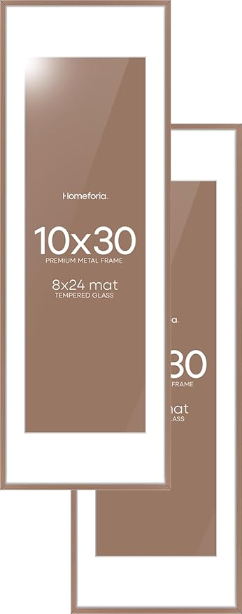 Homeforia 10x30 Picture Frame Mocha, High End Metal 10x30 Poster Frames with Mat 8x24 inch Photo, 10 x 30 Mocha Frames Matted to 8 by 24 Print, 30x10 Panoramic Frames, Tempered Glass, Wall Kit, Set of 2