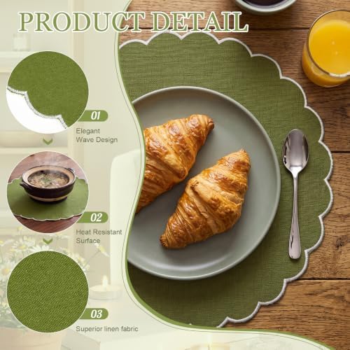 Set of 12 Olive Green Cotton Placemats 15" Round Scalloped White