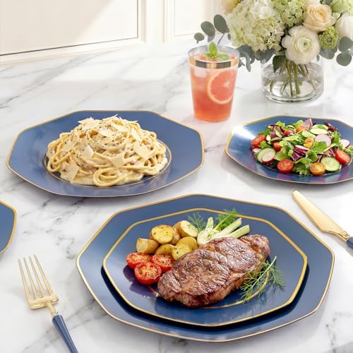 KIRE 140Pcs Blue Plastic Plates with Gold Rim - Navy Blue Plates for Party