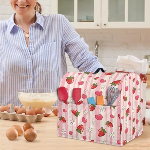 Cute Strawberry and Flower Stand Mixer Covers Compatible with 4.5-5 Quarts Kitchen Aid Stand Mixer Dust Protector Cover Organizers with Handle Pocket Pink