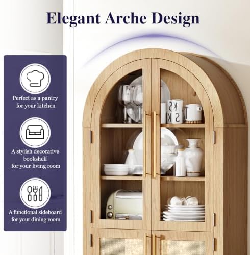 71" Tall Arched Cabinet with Glass Doors, Kitchen Pantry Storage Cabinet with Dust-Proof Rattan, 5-Tier Curio China Cabinet with Adjustable Shelves for Living Room Dining Room, Oak