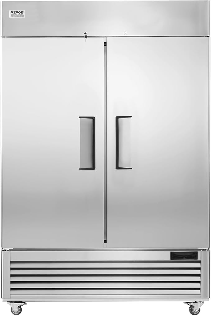 VEVOR Commercial Freezer 44.21 Cu.ft, Reach In 54.4" W Upright Freezer 2 Doors, Auto-Defrost Stainless Steel Reach-in Freezer with 8 Adjustable Shelves, -13 to 5℉ Temp Control, LED Lighting, 4 Wheels