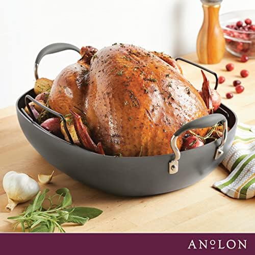 Anolon Advanced Hard Anodized Nonstick 2 Piece Roaster/Roasting Pan with Wire Rack, Oval, 16 Inch x 13 Inch, Dark Gray